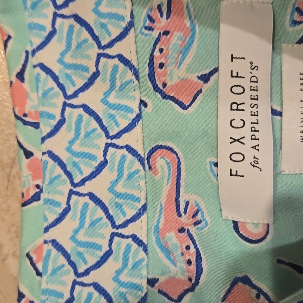 Foxcroft for Applesseds Wrinkle Free Seahorse Aqua Button-Down Shirt - Picture 7 of 8
